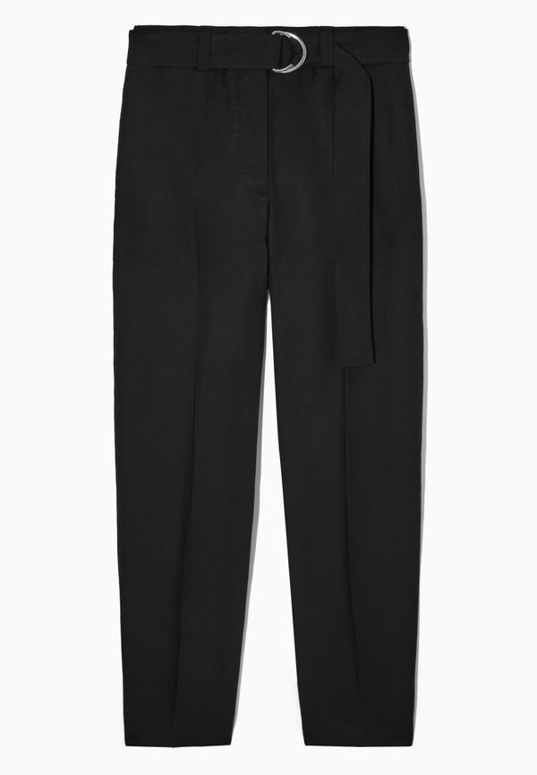 BELTED HIGH-WAISTED LINEN-BLEND TROUSERS