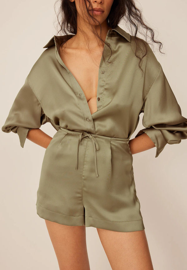 Claire Rose x NA-KD Tie Detail Satin Shorts - Green