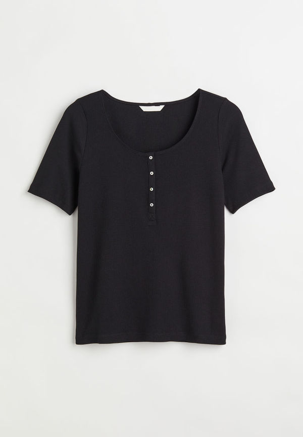 H & M - H & M+ Ribbad t-shirt med knäppning - Svart
