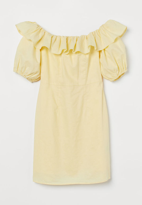 H & M - Off shoulder-klänning i linmix - Gul