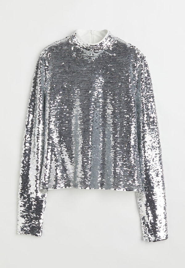 H & M - Paljettopp med ståkrage - Silver