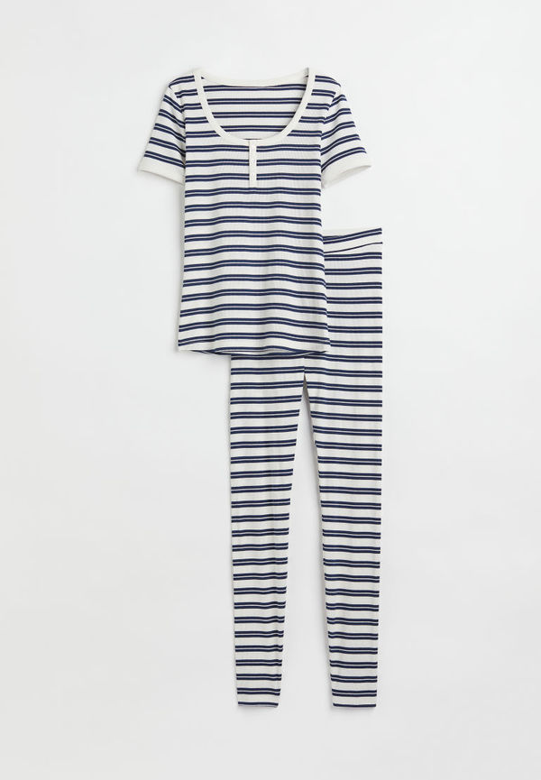 H & M - Ribbad pyjamas med topp och leggings - Blå