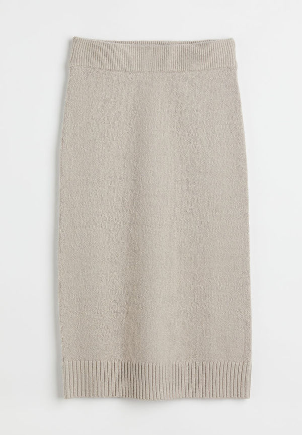 H & M - Stickad kjol med slits - Brun