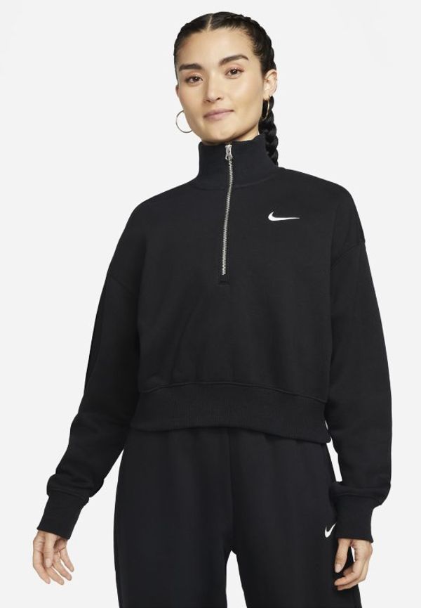 Kort sweatshirt i fleece i oversize-modell med halv dragkedja Nike Sportswear Phoenix för kvinnor - Svart