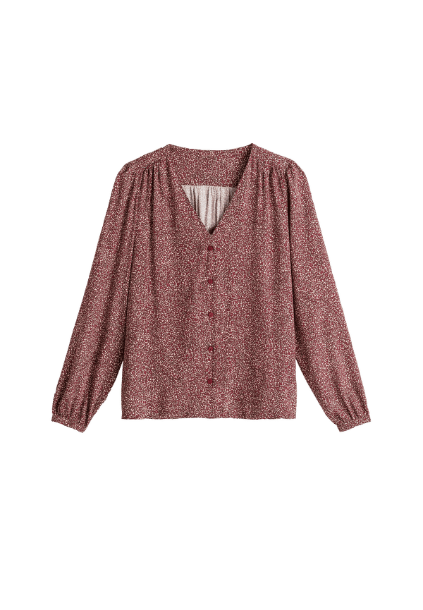 La Redoute - Blommig blus med V-ringning och lång ärm - Röd