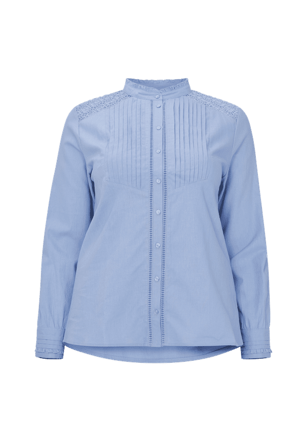 La Redoute - Blus i linneblandning med liten ståkrage och spets bak - Blå