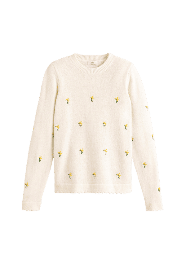 La Redoute - Tröja med rund halsringning, lång ärm och broderade blommor - Vit