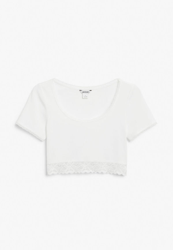 Lace detail cropped tee - White