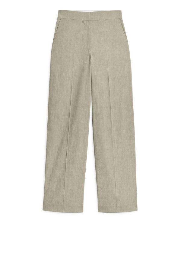 Linen Blend Straight-Fit Trousers - Brown