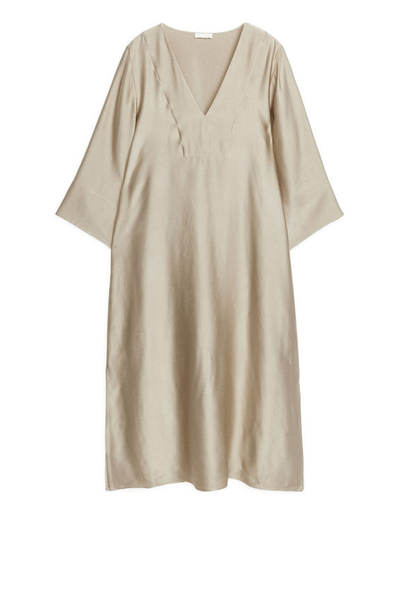 Linen Blend Tunic Dress - Beige