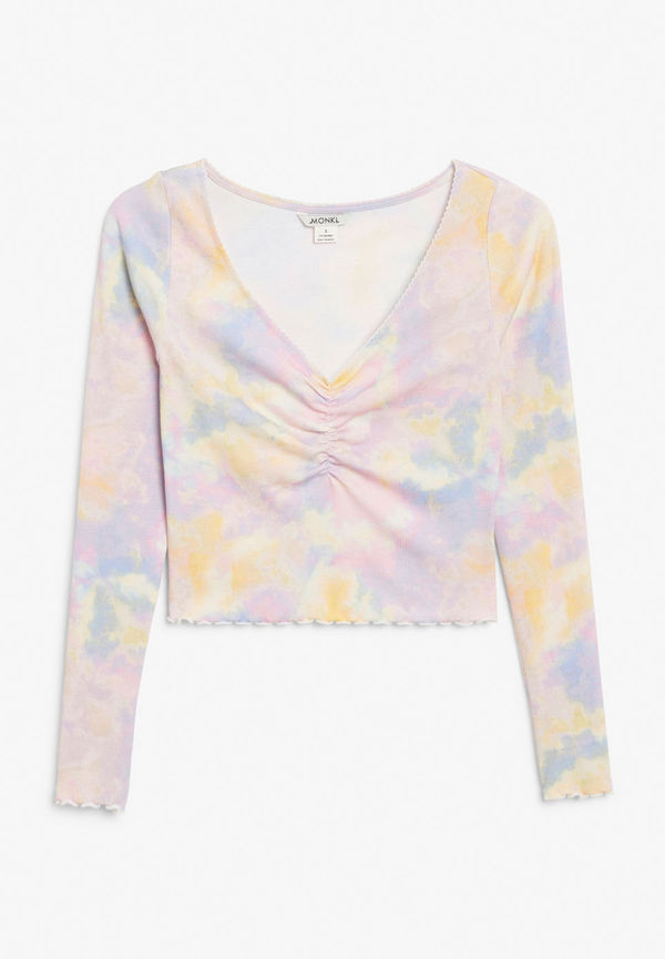 Long sleeve lettuce hem cropped top - Pink