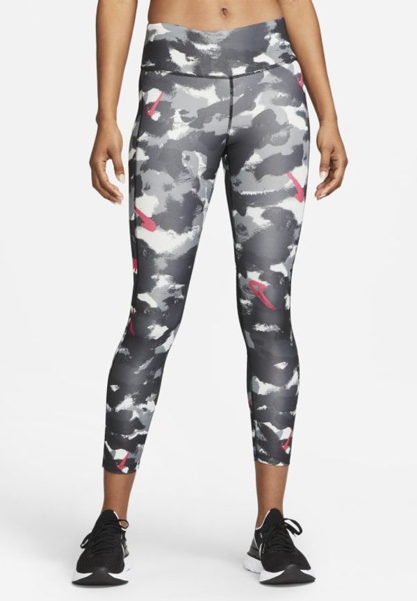 Löparleggings i 7/8-längd med tryck och medelhög midja Nike Dri-FIT Fast för kvinnor - Grå