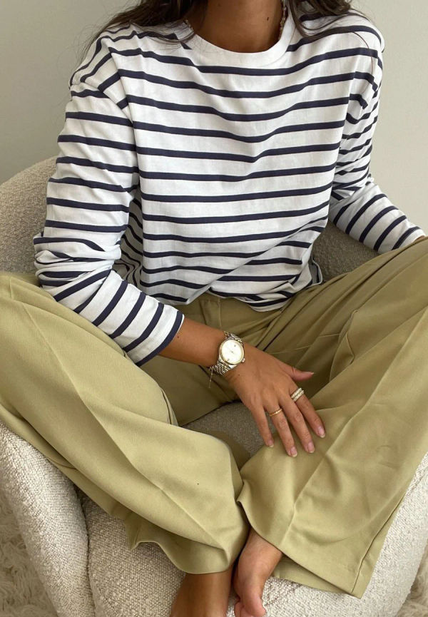 NA-KD Basic Ekologisk oversize randig topp med lång ärm - Navy