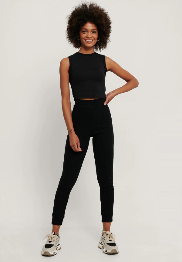 NA-KD Basic Recycled mjuka ribbade tights med hög midja - Black