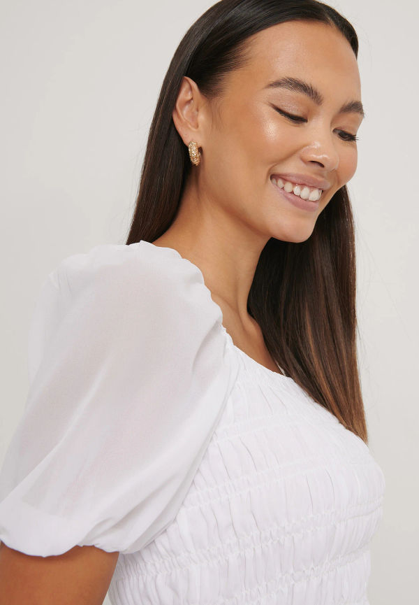 NA-KD Boho Kortärmad Rynkad Smocktopp - White