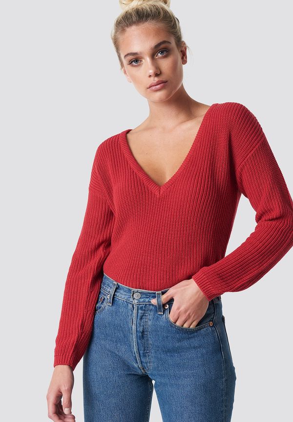 NA-KD Deep Front V-neck Knitted Sweater - Red