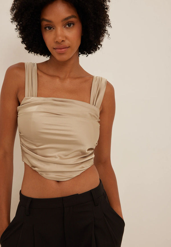 NA-KD Party Gathered Front Satin Cropped Top - Beige