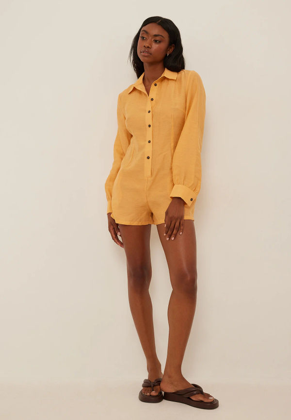 NA-KD Trend Long Sleeved Linen-blend Playsuit - Orange