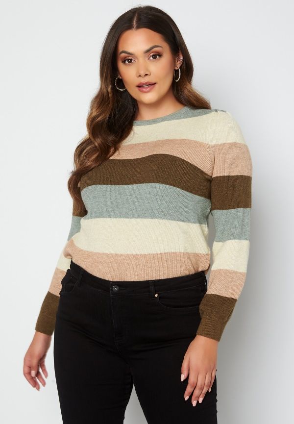 Only Carmakoma Karia L/S Stripe Pullover Knit Hedge Green Stripes 54 (XL)