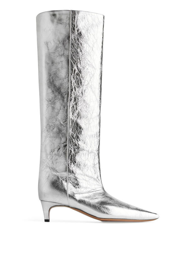 Pointed Kitten-Heel Boots - Silver