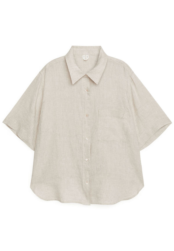 Short-Sleeved Linen Shirt - Beige