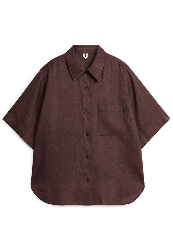 Short-Sleeved Linen Shirt - Brown