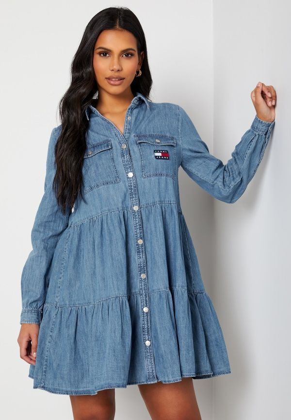 TOMMY JEANS Chambray Tiered Shirt Dress 1A5 Denim Medium S