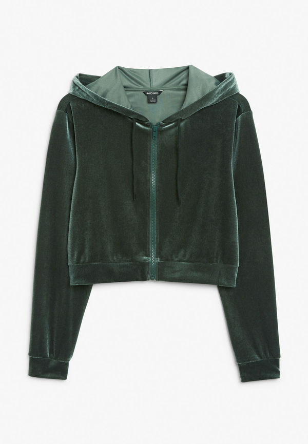 Velvet cropped zip-up hoodie - Turquoise