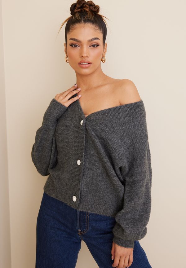 Vero Moda - Cardigans - Medium Grey Melange - Vmlefile Ls V-Neck Jewel Cardigan B - Tröjor - Cardigans