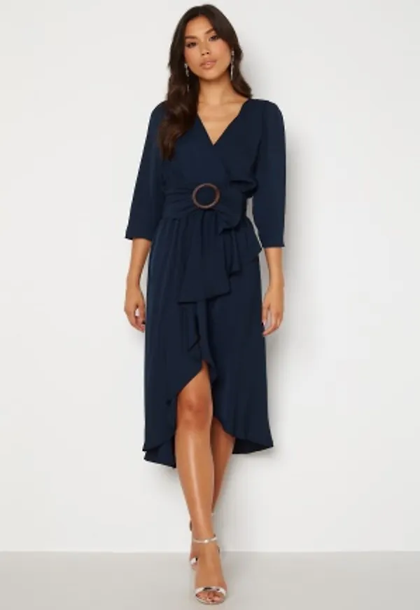 Goddiva Wrap High Low Belted Dress Navy M (UK12)