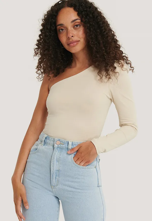 NA-KD Puff Sleeve One Shoulder Top - Beige