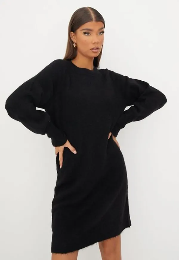 Selected Femme Slflulu Ls Knit Dress O-Neck B Noos Långärmade klänningar Black