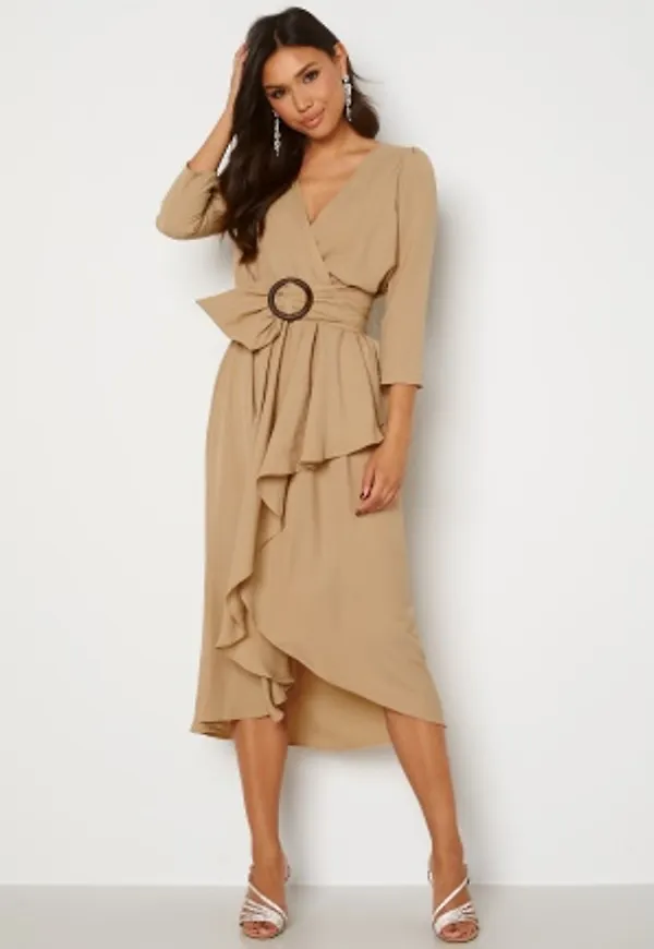 Goddiva Wrap High Low Belted Dress Beige M (UK12)