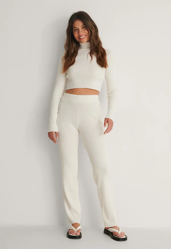 NA-KD Ribbstickade Byxor Med Hög Midja - Offwhite