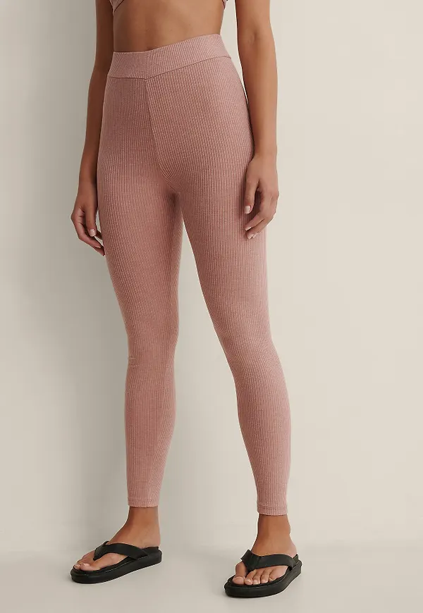 NA-KD Basic Återvunna ribbstickade tights med hög midja - Pink