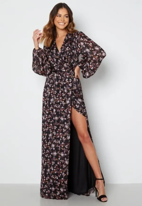 Goddiva Floral Deep V Maxi Dress Navy S (UK10)