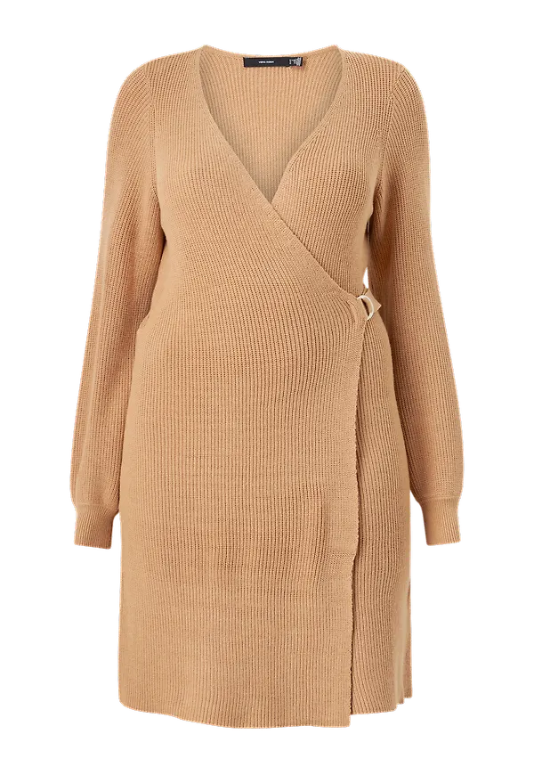 Vero Moda Curve - Stickad klänning vmBriahermosa LS Wrap Dress Curve - Beige