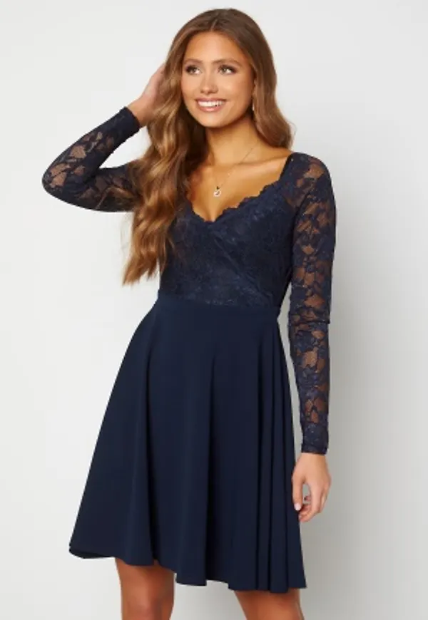 Goddiva Long Sleeve Lace Skater Dress Navy S (UK10)