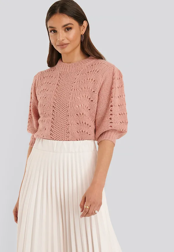 NA-KD Kort Stickad Tröja Med Ballongärmar - Pink