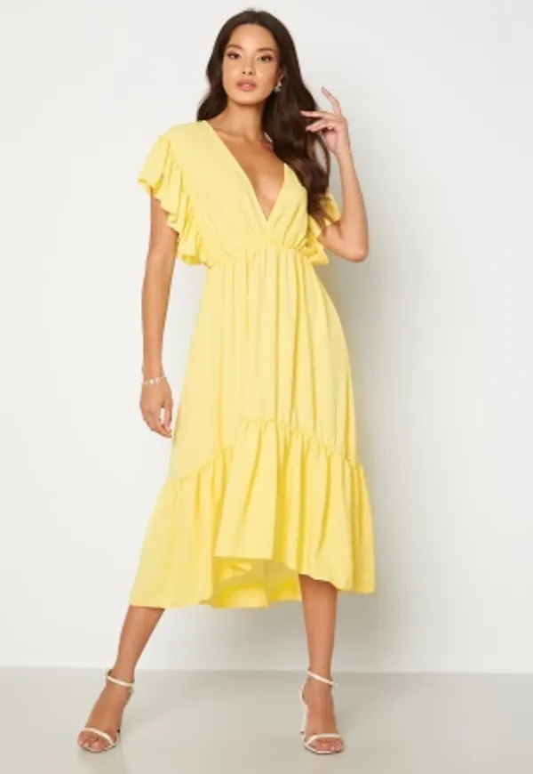 John Zack Frill Sleeve V Neck Midaxi Dress Lemon XL (UK16)