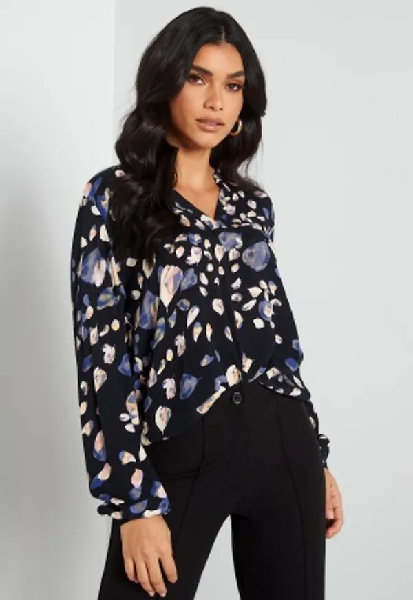 VILA Memis L/S V-Neck Top Black Dania AOP 36