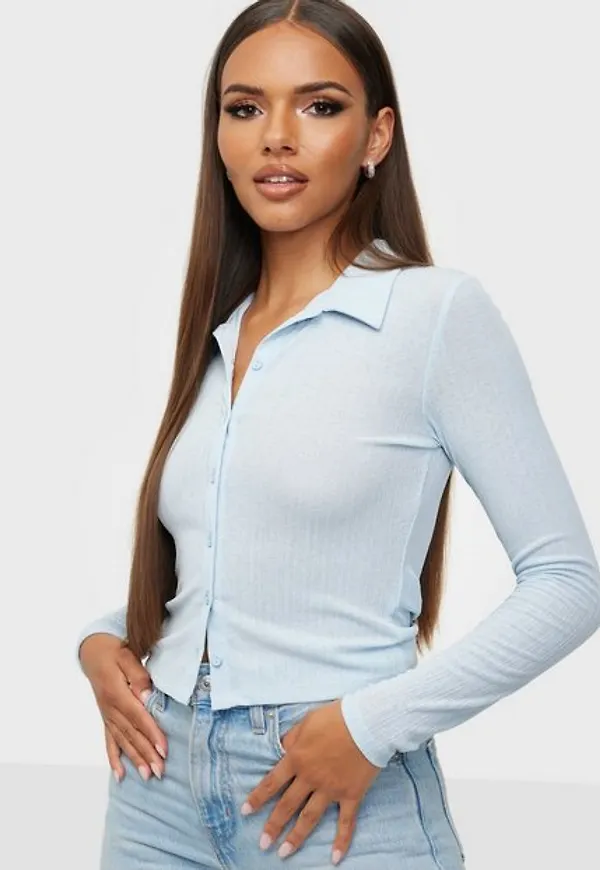 NLY Trend Sheer Collar Top Långärmade toppar Ljus Blå