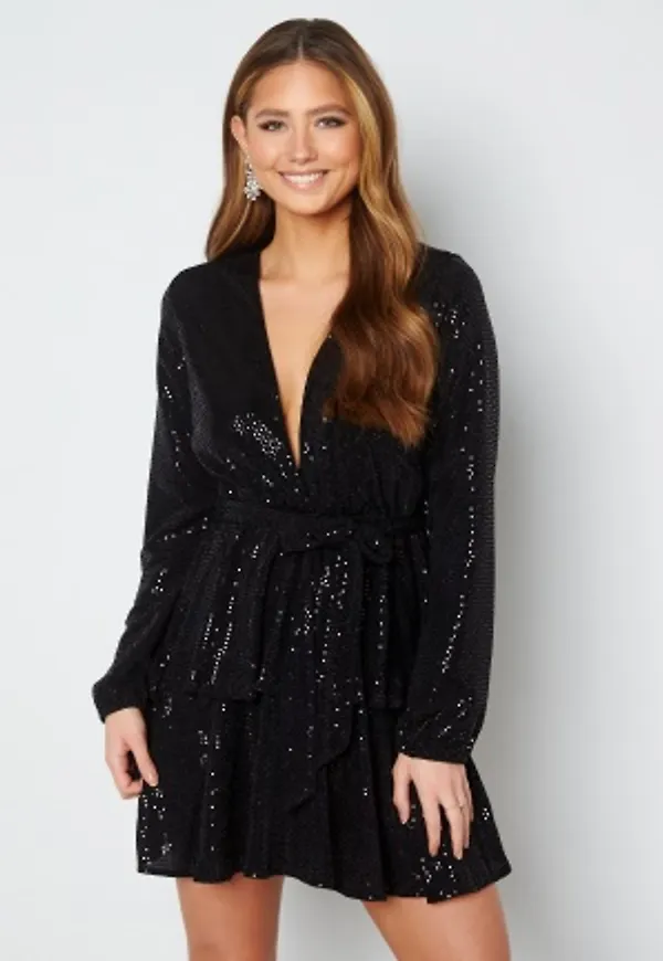 John Zack Sequin Deep V Ruffle Skater Dress Black/Gold S (UK10)