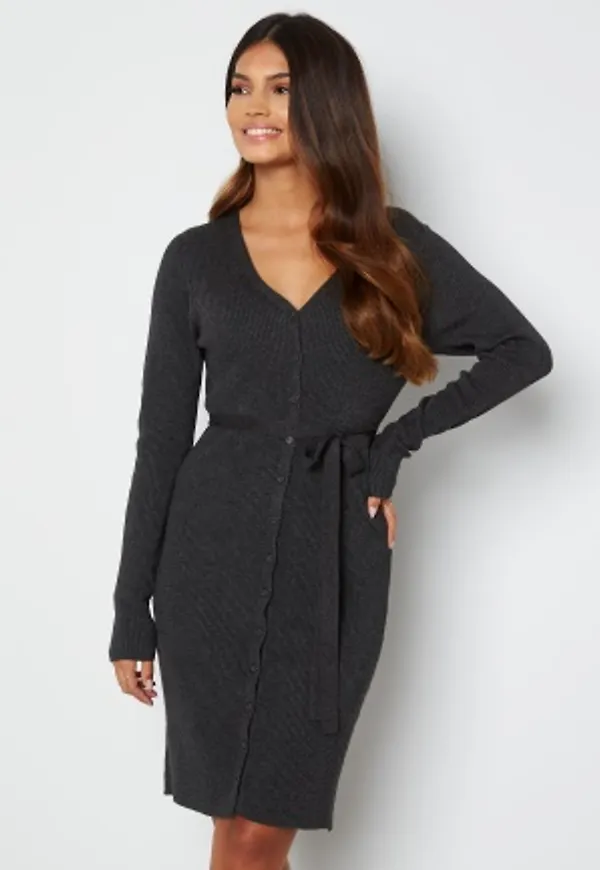 Pieces French LS V-Neck Knit Dress Dark Grey Melange S