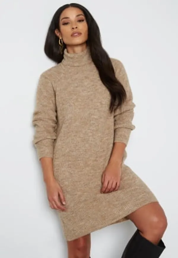Pieces Ellen LS High Neck Knit Dress Silver Mink M