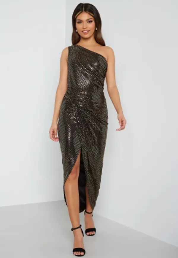 John Zack Sequin One Shoulder Sleeve Rouch Dress Black/Gold L (UK14)