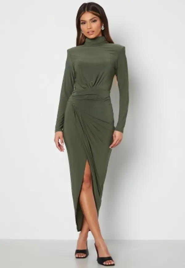 John Zack High Neck Rouch Maxi Dress Khaki XS (UK8)