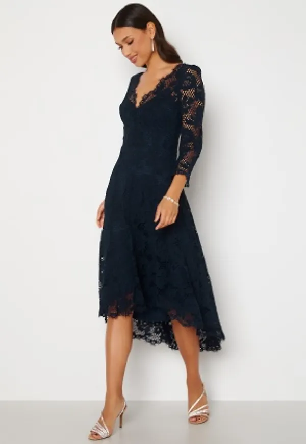 Goddiva Lace High Low Midi Dress Navy XS (UK8)