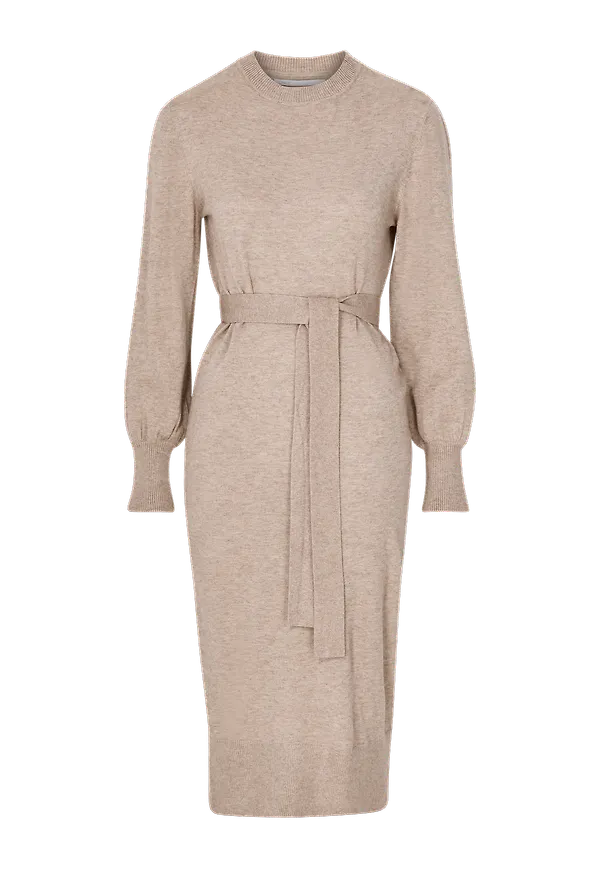 Only - Stickad klänning onlLely L/S O-neck Belt Dress - Beige