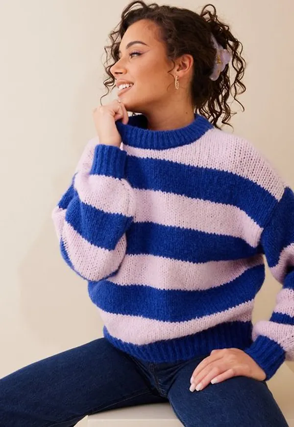 Vero Moda Vmnewwine Ls O-Neck Stripe Blouse G Stickade tröjor Dazzling Blue Parfait Pink